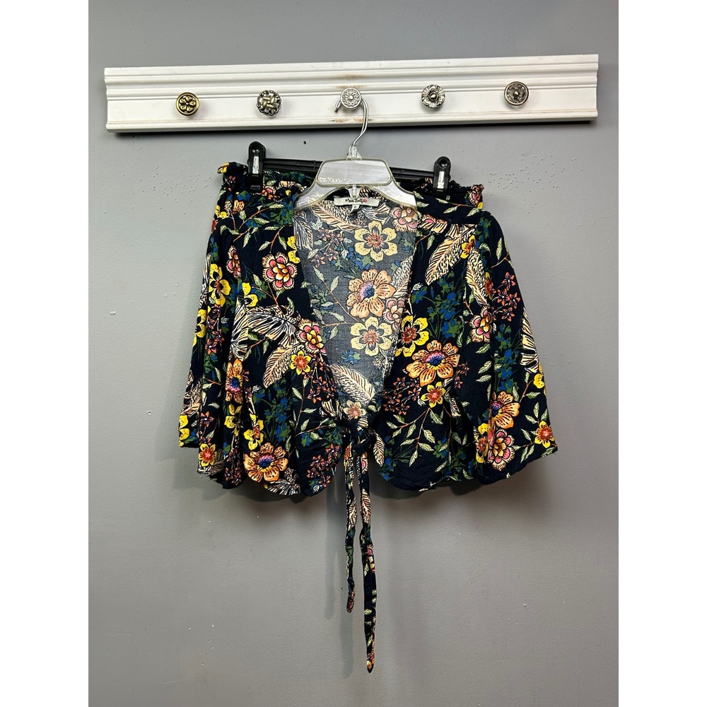 Miss Selfridge Floral Print Tie Front Kimono Top XL Black Yellow Pink Blue‎